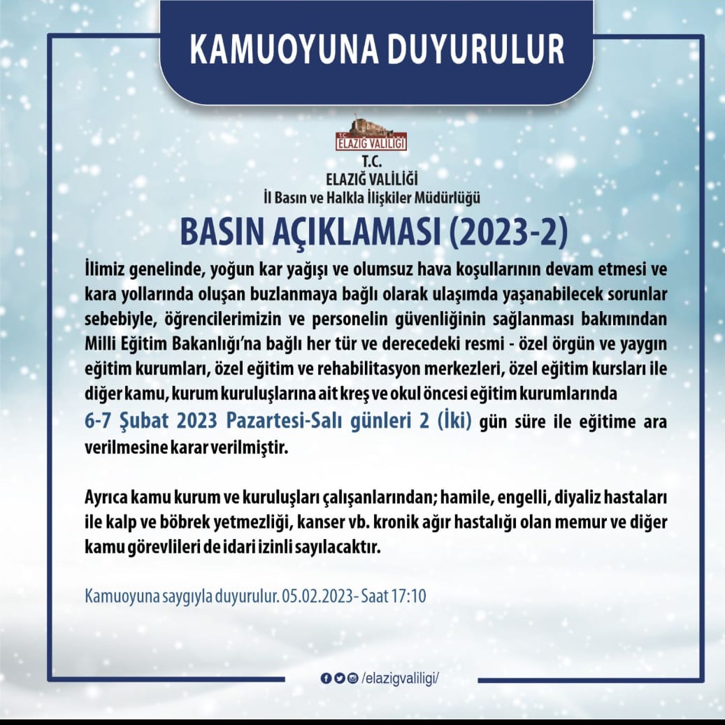  İlçe genelinde eğitim ve öğretime 2 gün süre ile ara verilmiştir